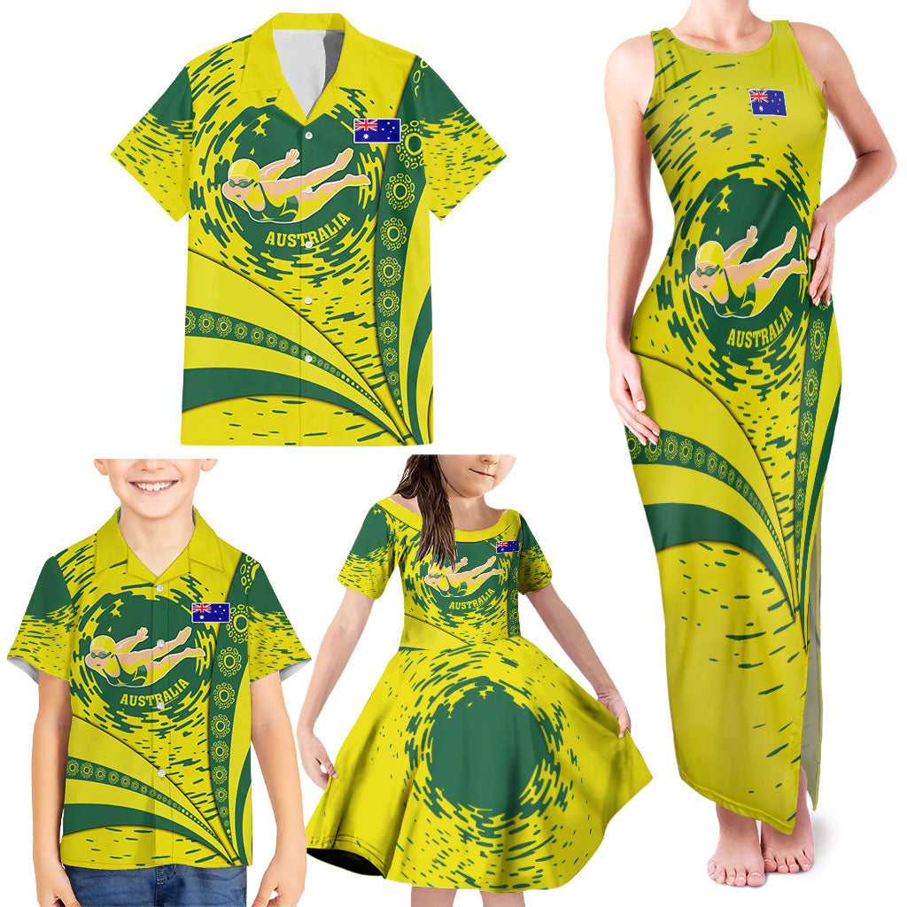 Personalized Australia Swimming Champion Family Matching Tank Maxi Dress and Hawaiian Shirt Freestyle Swimmer With Swirling Wave And Cultural Patterns