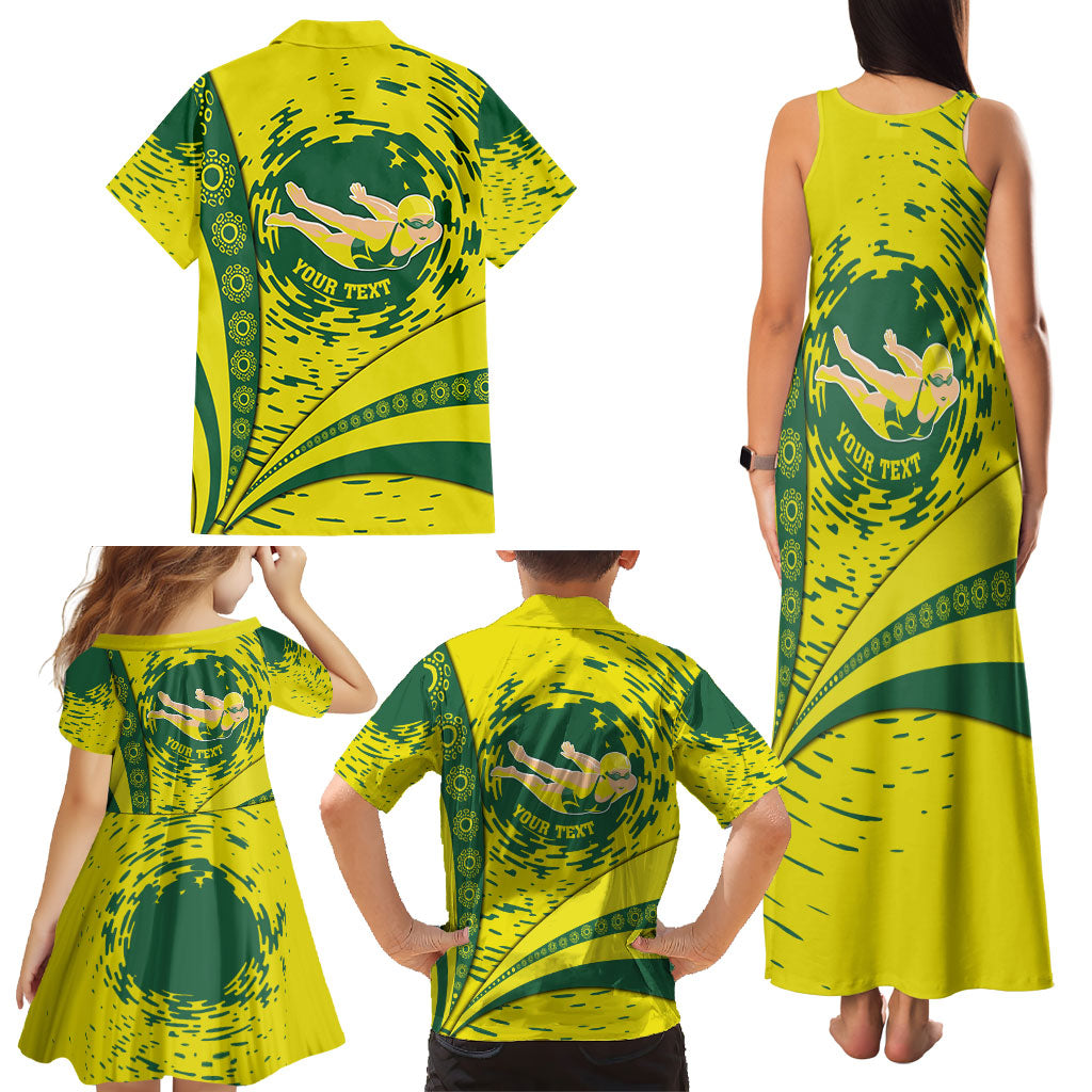 Personalized Australia Swimming Champion Family Matching Tank Maxi Dress and Hawaiian Shirt Freestyle Swimmer With Swirling Wave And Cultural Patterns