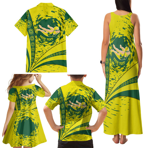 Personalized Australia Swimming Champion Family Matching Tank Maxi Dress and Hawaiian Shirt Freestyle Swimmer With Swirling Wave And Cultural Patterns