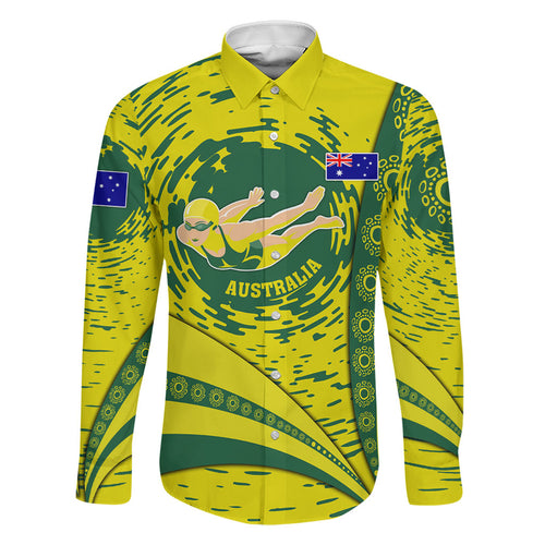 Personalized Australia Swimming Champion Family Matching Tank Maxi Dress and Hawaiian Shirt Freestyle Swimmer With Swirling Wave And Cultural Patterns