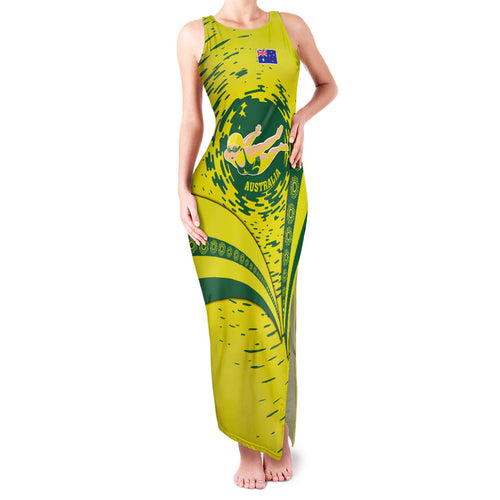 Personalized Australia Swimming Champion Family Matching Tank Maxi Dress and Hawaiian Shirt Freestyle Swimmer With Swirling Wave And Cultural Patterns