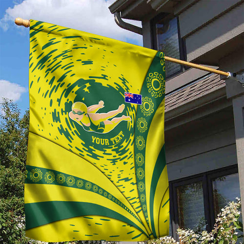 Personalized Australia Swimming Champion Garden Flag Freestyle Swimmer With Swirling Wave And Cultural Patterns