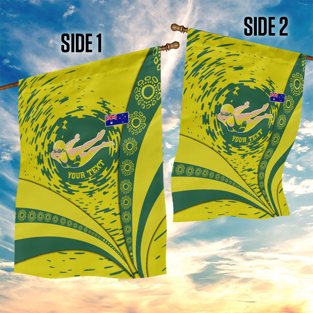 Personalized Australia Swimming Champion Garden Flag Freestyle Swimmer With Swirling Wave And Cultural Patterns
