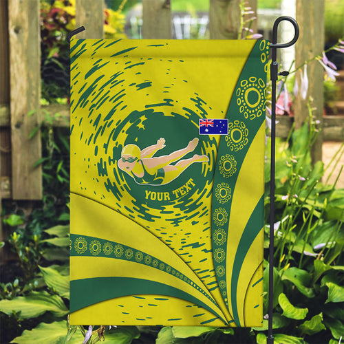 Personalized Australia Swimming Champion Garden Flag Freestyle Swimmer With Swirling Wave And Cultural Patterns
