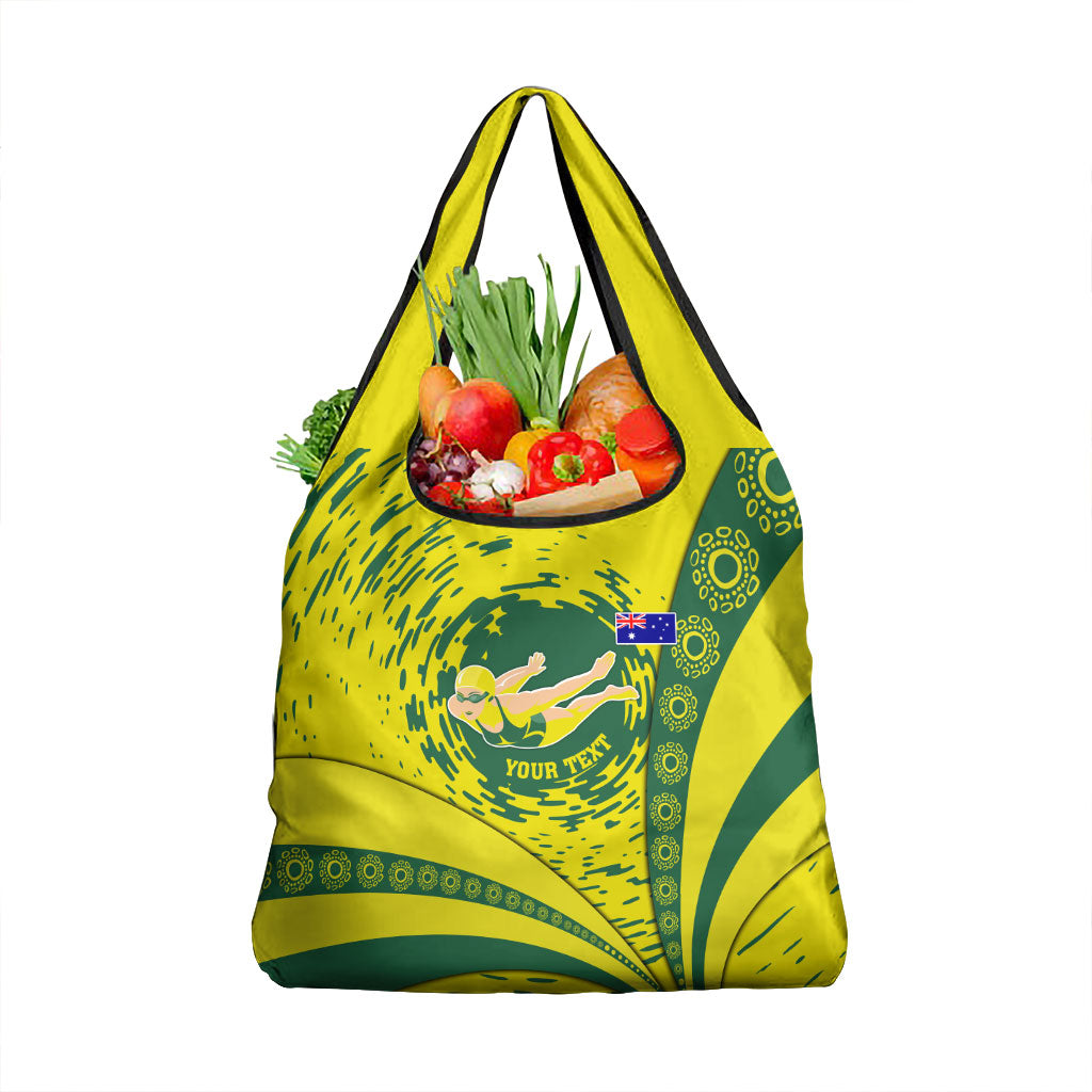 Personalized Australia Swimming Champion Grocery Bag Freestyle Swimmer With Swirling Wave And Cultural Patterns
