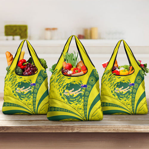 Personalized Australia Swimming Champion Grocery Bag Freestyle Swimmer With Swirling Wave And Cultural Patterns