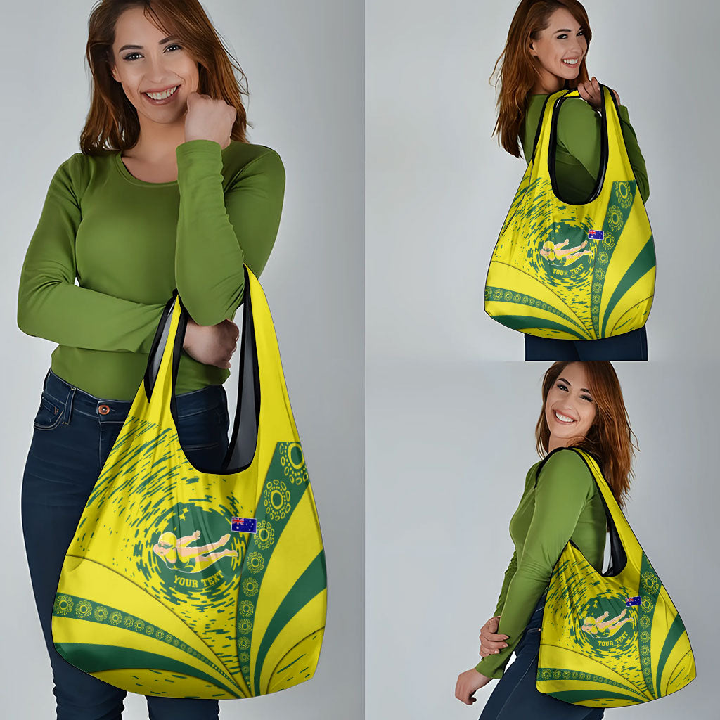 Personalized Australia Swimming Champion Grocery Bag Freestyle Swimmer With Swirling Wave And Cultural Patterns