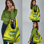 Personalized Australia Swimming Champion Grocery Bag Freestyle Swimmer With Swirling Wave And Cultural Patterns