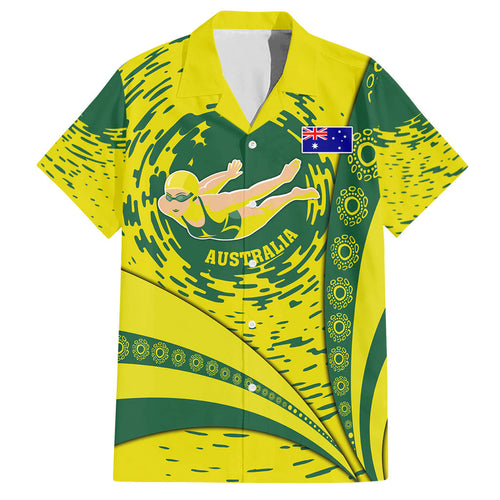Personalized Australia Swimming Champion Hawaiian Shirt Freestyle Swimmer With Swirling Wave And Cultural Patterns