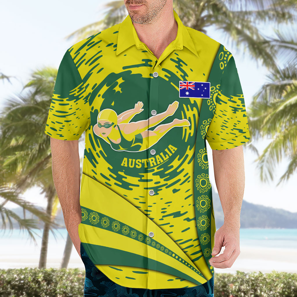 Personalized Australia Swimming Champion Hawaiian Shirt Freestyle Swimmer With Swirling Wave And Cultural Patterns