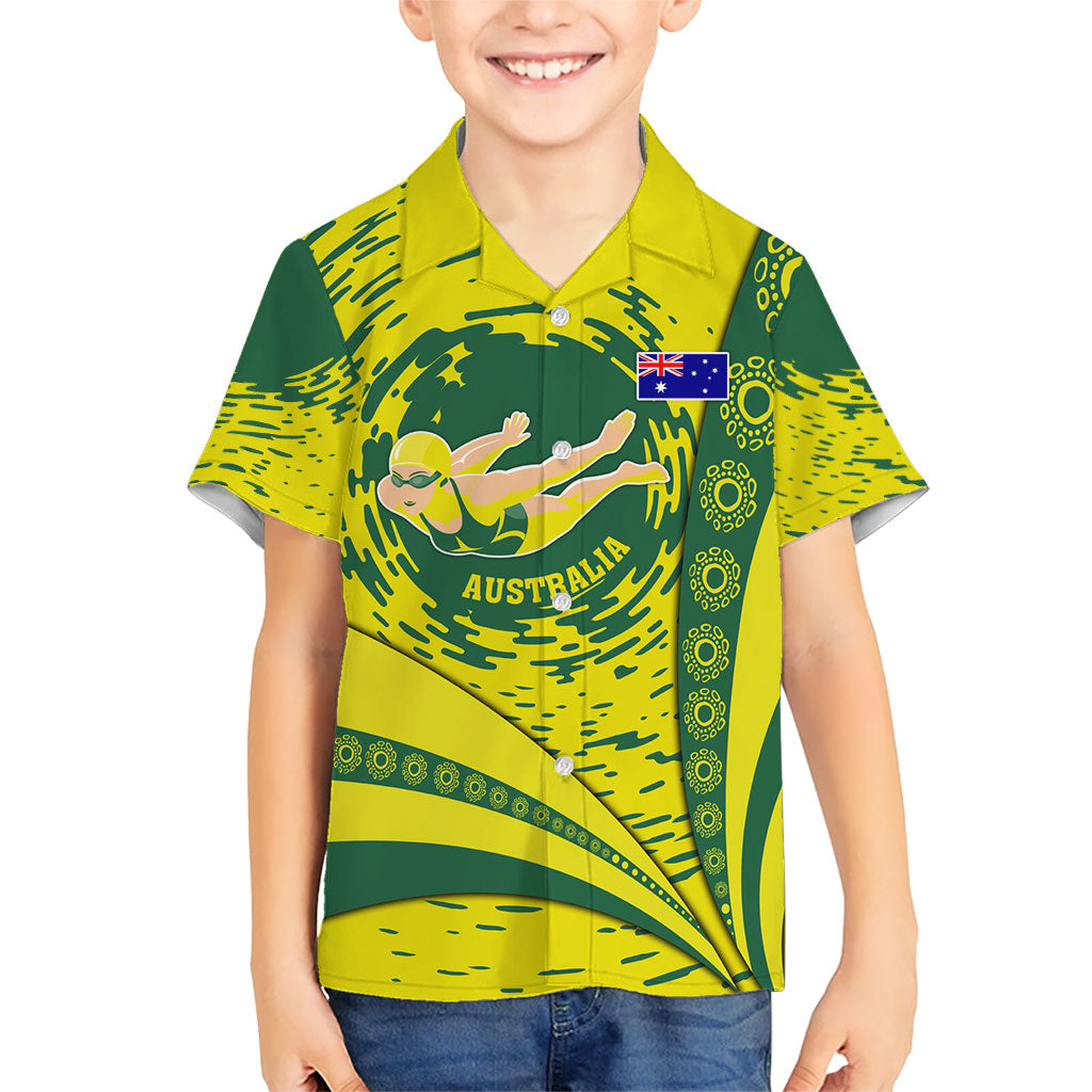 Personalized Australia Swimming Champion Hawaiian Shirt Freestyle Swimmer With Swirling Wave And Cultural Patterns