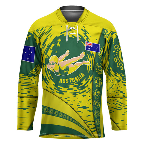 Personalized Australia Swimming Champion Hockey Jersey Freestyle Swimmer With Swirling Wave And Cultural Patterns