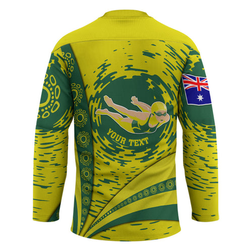 Personalized Australia Swimming Champion Hockey Jersey Freestyle Swimmer With Swirling Wave And Cultural Patterns