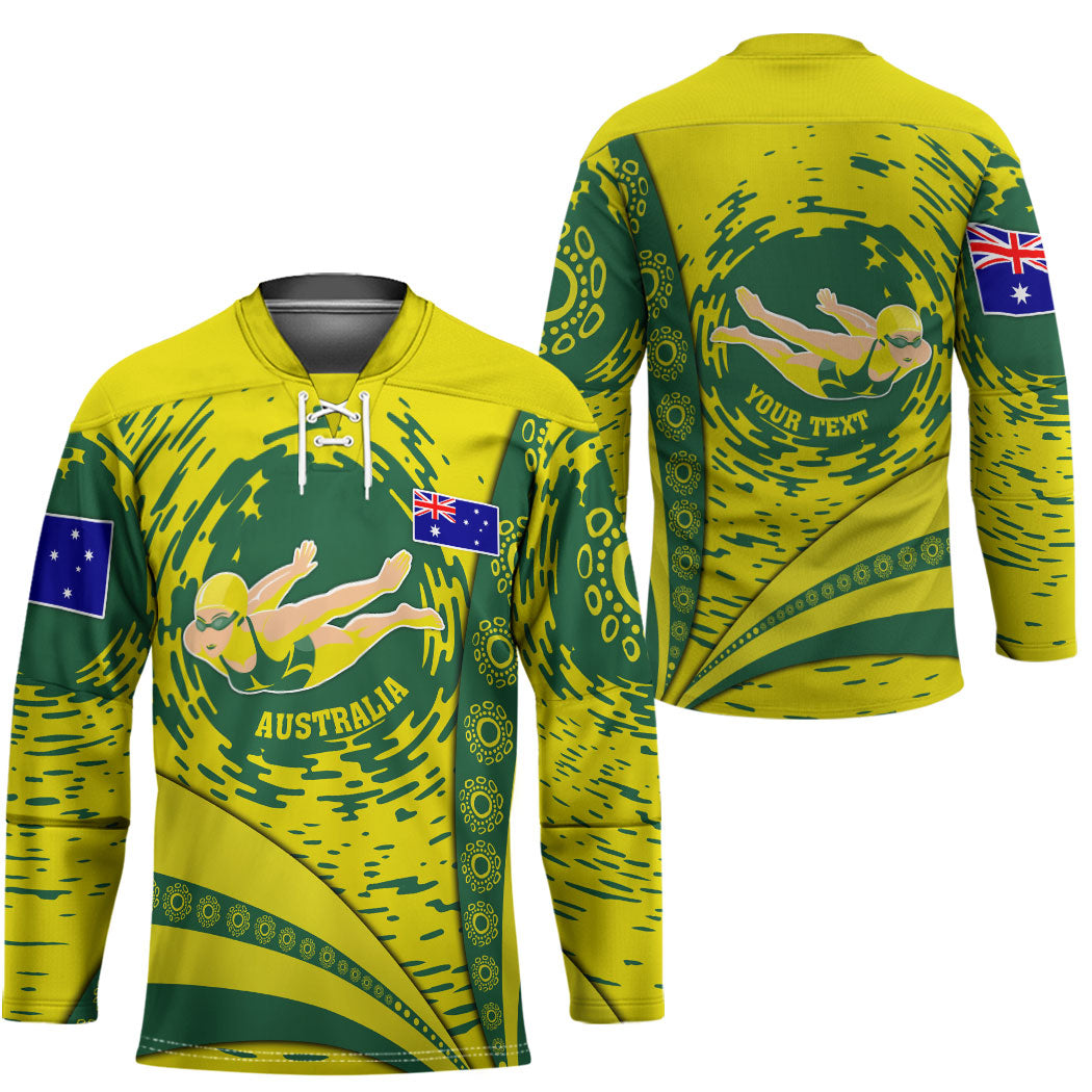 Personalized Australia Swimming Champion Hockey Jersey Freestyle Swimmer With Swirling Wave And Cultural Patterns