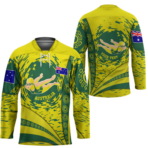 Personalized Australia Swimming Champion Hockey Jersey Freestyle Swimmer With Swirling Wave And Cultural Patterns