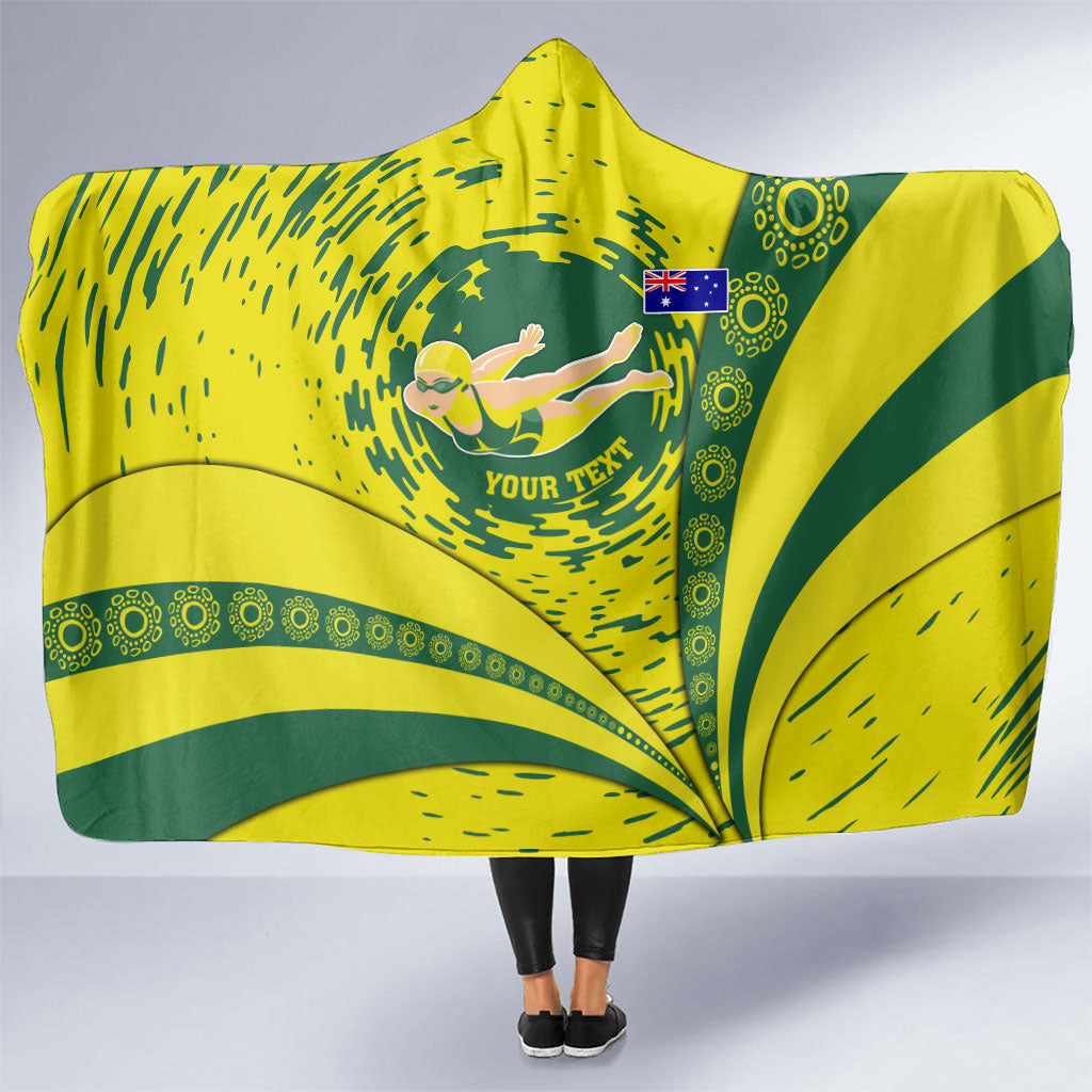 Personalized Australia Swimming Champion Hooded Blanket Freestyle Swimmer With Swirling Wave And Cultural Patterns