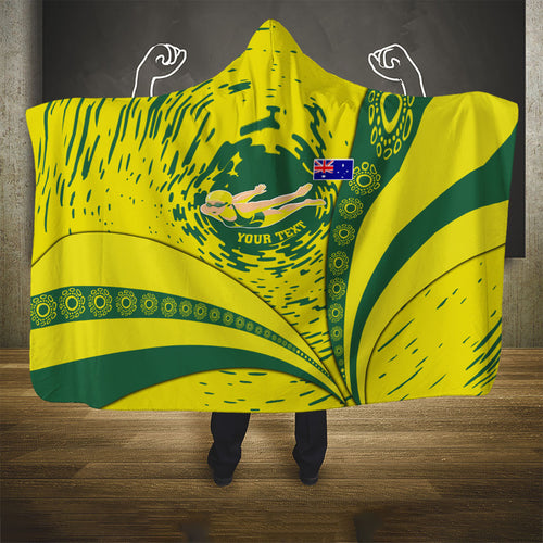 Personalized Australia Swimming Champion Hooded Blanket Freestyle Swimmer With Swirling Wave And Cultural Patterns
