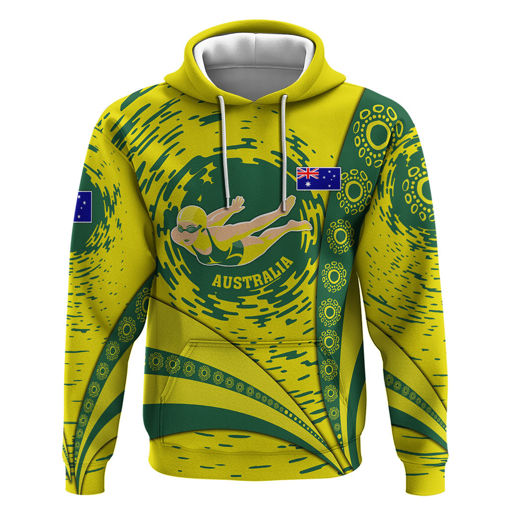 Personalized Australia Swimming Champion Hoodie Freestyle Swimmer With Swirling Wave And Cultural Patterns