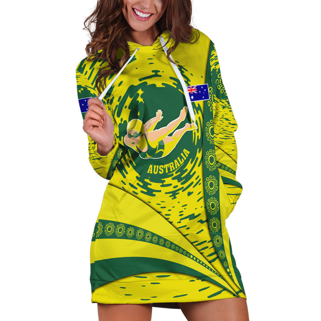 Personalized Australia Swimming Champion Hoodie Dress Freestyle Swimmer With Swirling Wave And Cultural Patterns