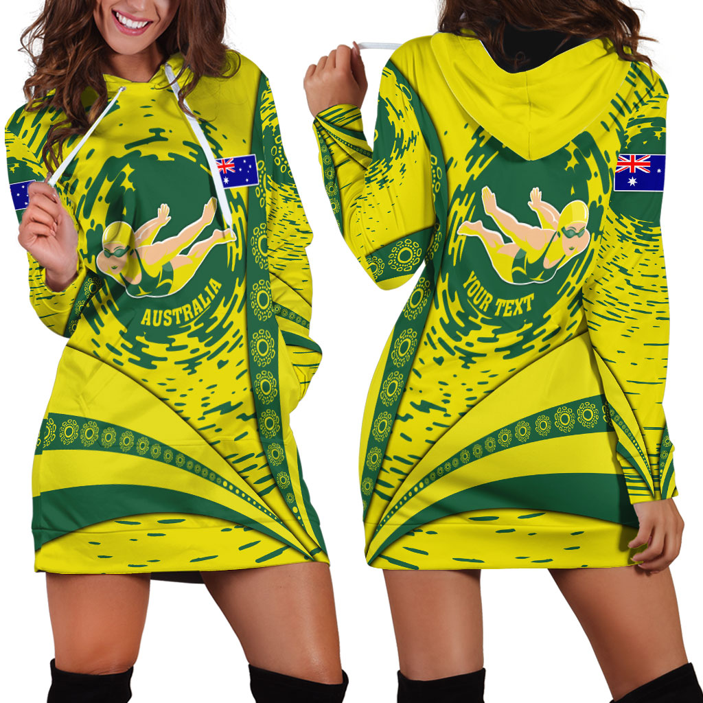 Personalized Australia Swimming Champion Hoodie Dress Freestyle Swimmer With Swirling Wave And Cultural Patterns