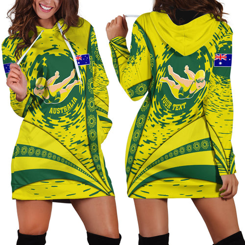Personalized Australia Swimming Champion Hoodie Dress Freestyle Swimmer With Swirling Wave And Cultural Patterns