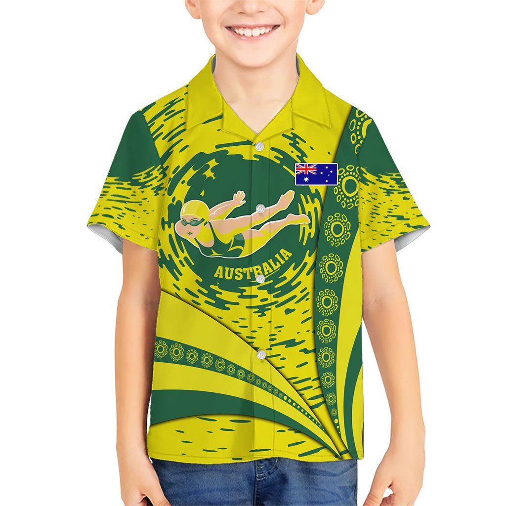 Personalized Australia Swimming Champion Kid Hawaiian Shirt Freestyle Swimmer With Swirling Wave And Cultural Patterns