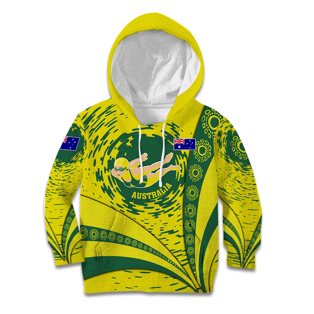 Personalized Australia Swimming Champion Kid Hoodie Freestyle Swimmer With Swirling Wave And Cultural Patterns