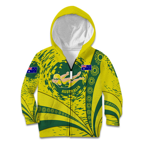 Personalized Australia Swimming Champion Kid Hoodie Freestyle Swimmer With Swirling Wave And Cultural Patterns