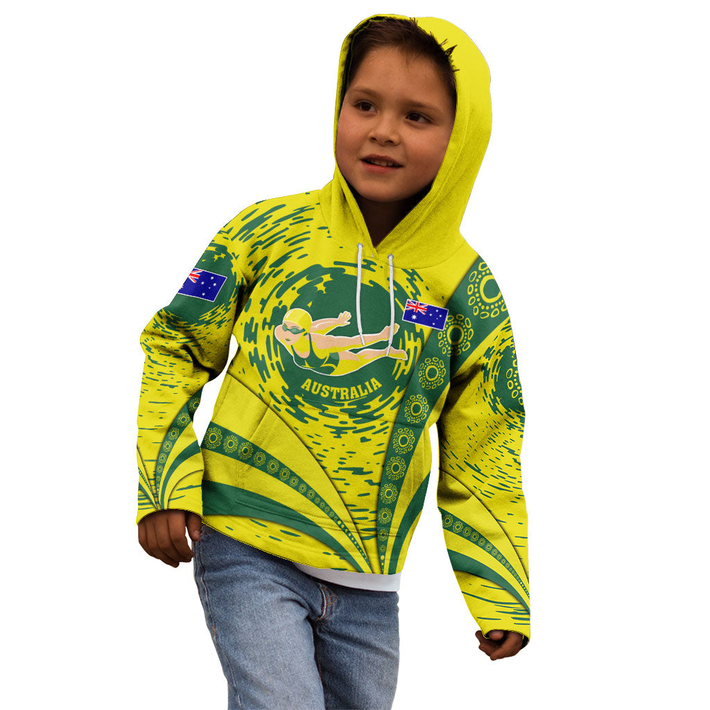 Personalized Australia Swimming Champion Kid Hoodie Freestyle Swimmer With Swirling Wave And Cultural Patterns