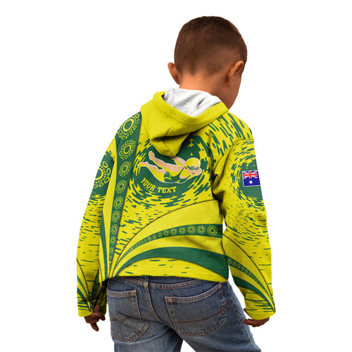 Personalized Australia Swimming Champion Kid Hoodie Freestyle Swimmer With Swirling Wave And Cultural Patterns
