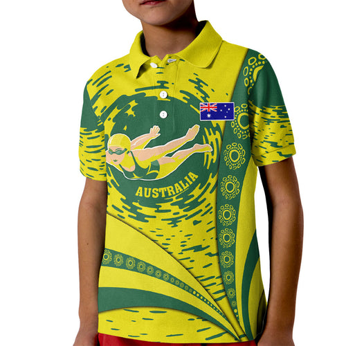 Personalized Australia Swimming Champion Kid Polo Shirt Freestyle Swimmer With Swirling Wave And Cultural Patterns