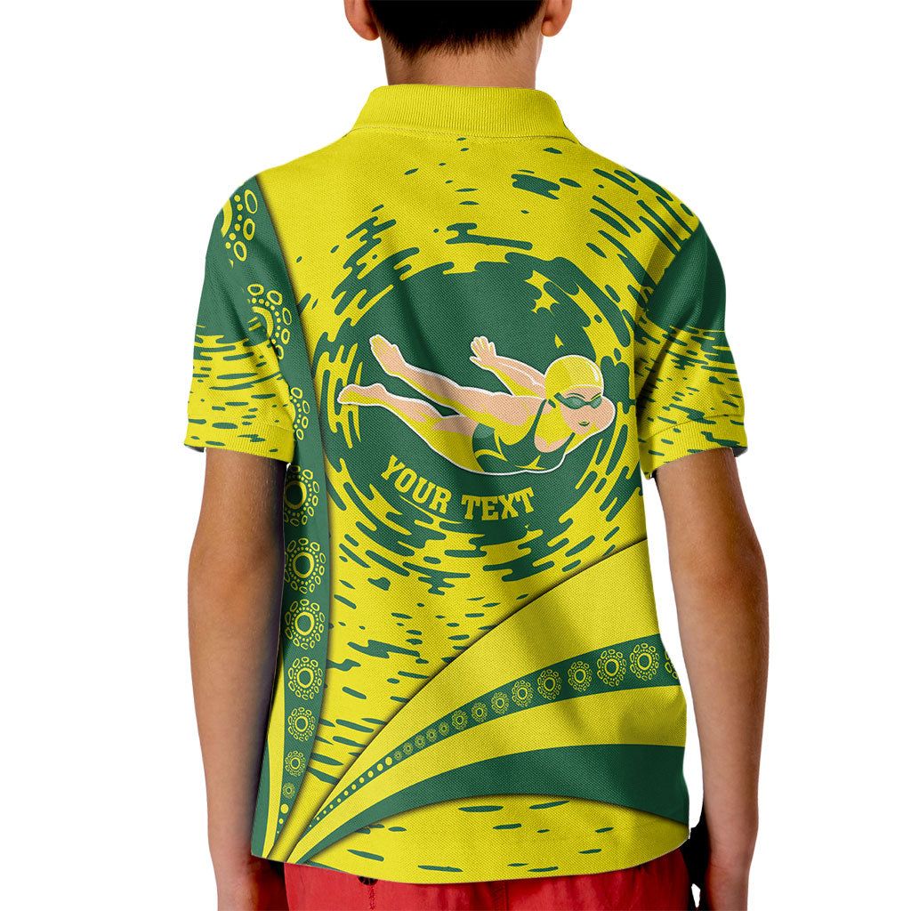 Personalized Australia Swimming Champion Kid Polo Shirt Freestyle Swimmer With Swirling Wave And Cultural Patterns