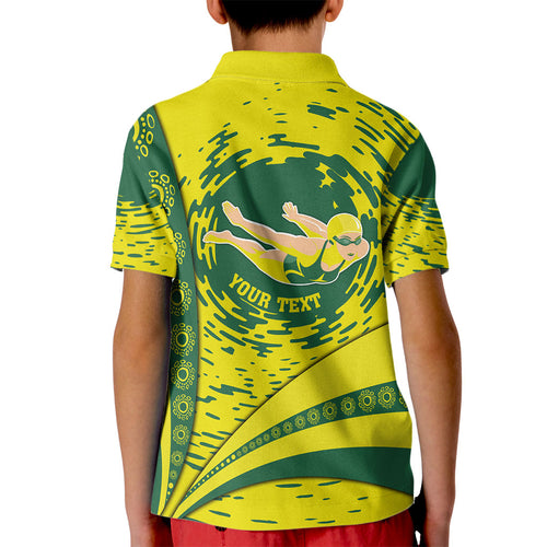 Personalized Australia Swimming Champion Kid Polo Shirt Freestyle Swimmer With Swirling Wave And Cultural Patterns