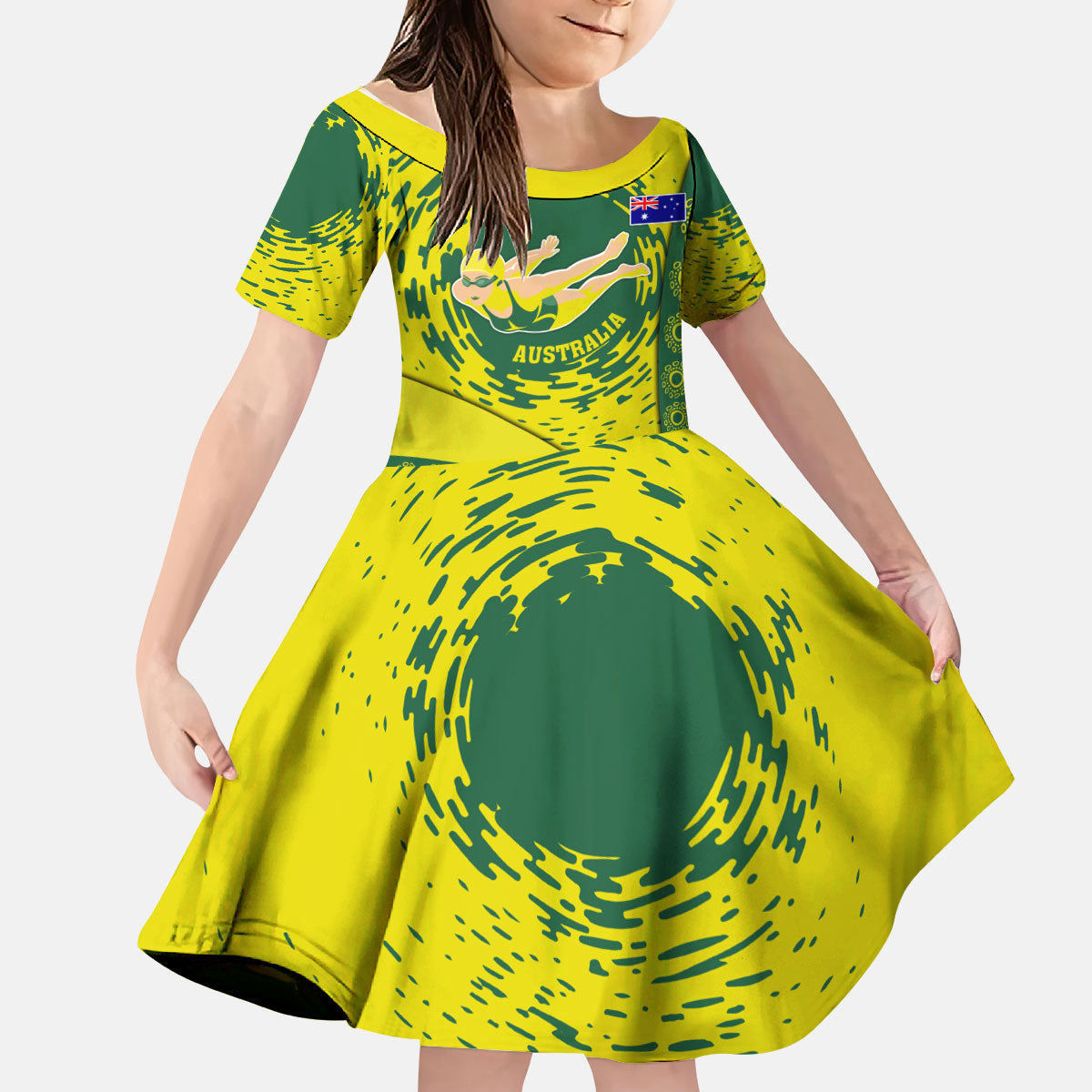 Personalized Australia Swimming Champion Kid Short Sleeve Dress Freestyle Swimmer With Swirling Wave And Cultural Patterns