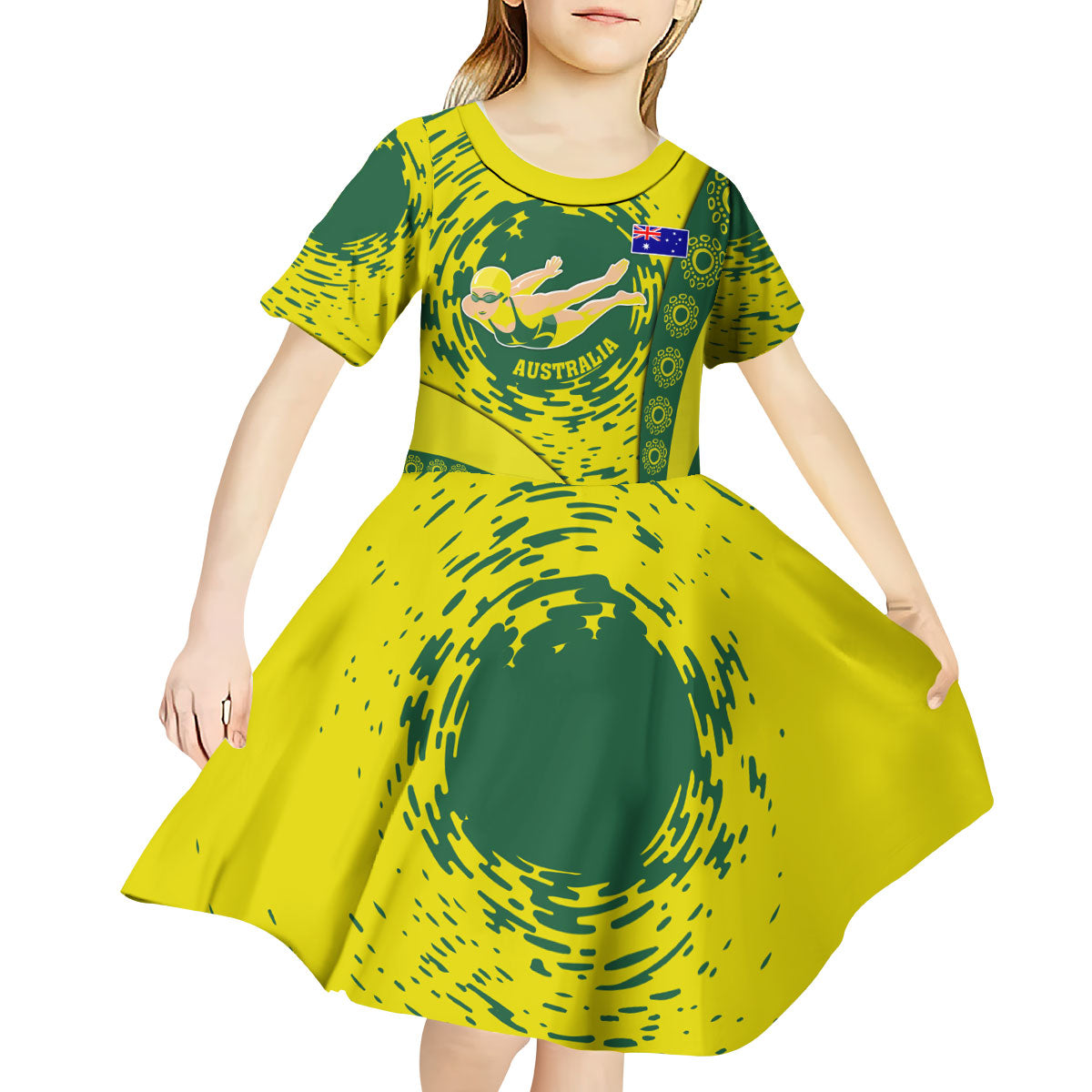 Personalized Australia Swimming Champion Kid Short Sleeve Dress Freestyle Swimmer With Swirling Wave And Cultural Patterns