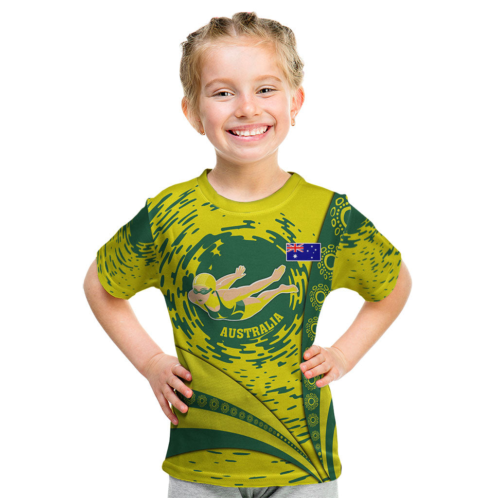 Personalized Australia Swimming Champion Kid T Shirt Freestyle Swimmer With Swirling Wave And Cultural Patterns