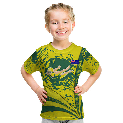 Personalized Australia Swimming Champion Kid T Shirt Freestyle Swimmer With Swirling Wave And Cultural Patterns