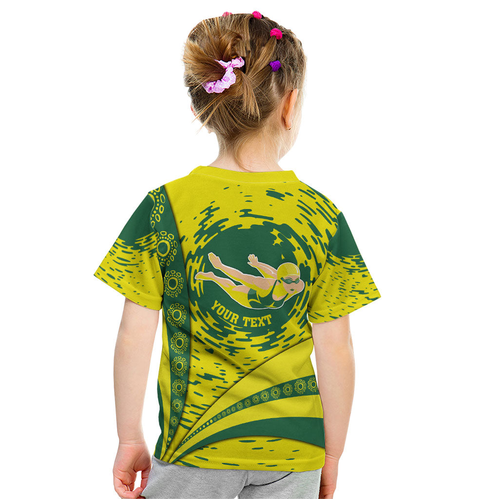 Personalized Australia Swimming Champion Kid T Shirt Freestyle Swimmer With Swirling Wave And Cultural Patterns