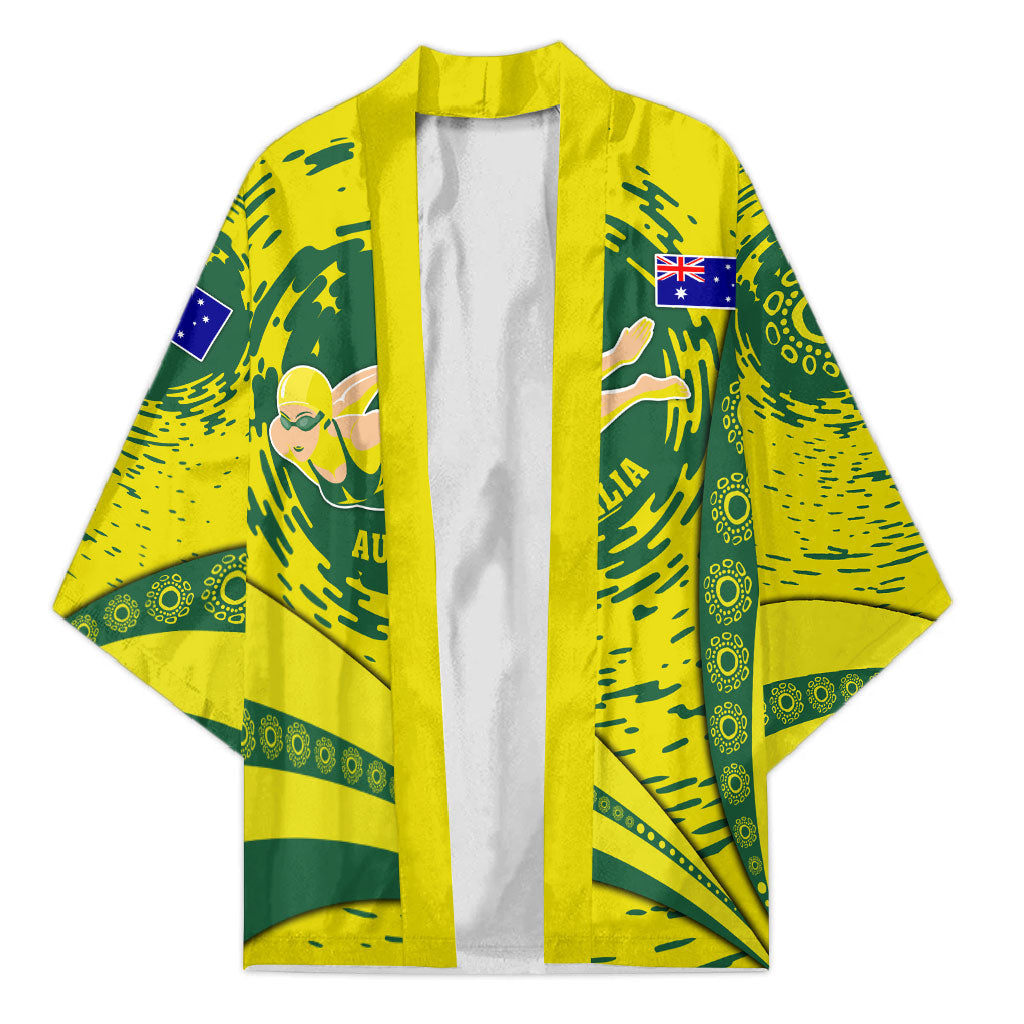 Personalized Australia Swimming Champion Kimono Freestyle Swimmer With Swirling Wave And Cultural Patterns