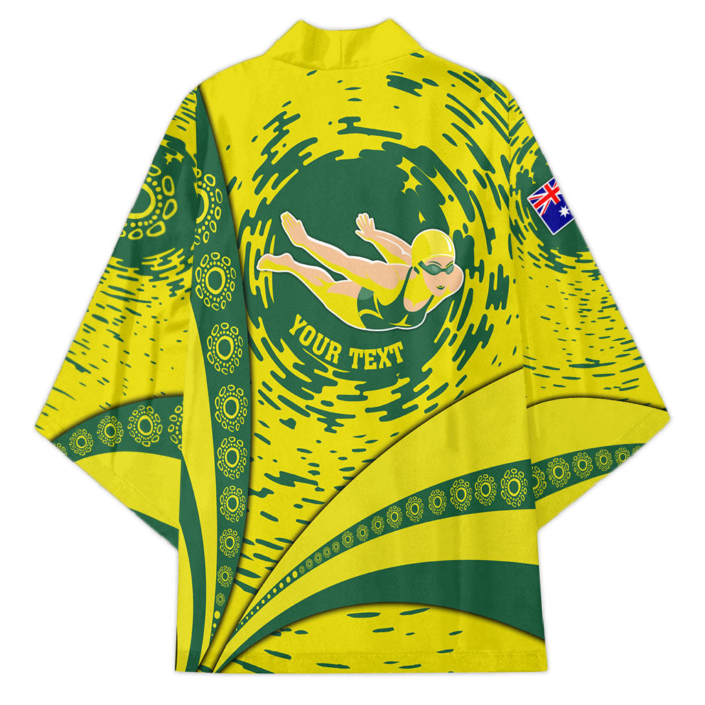 Personalized Australia Swimming Champion Kimono Freestyle Swimmer With Swirling Wave And Cultural Patterns