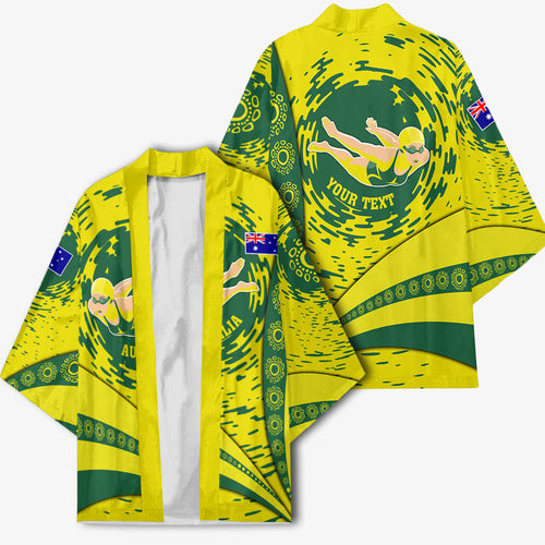 Personalized Australia Swimming Champion Kimono Freestyle Swimmer With Swirling Wave And Cultural Patterns
