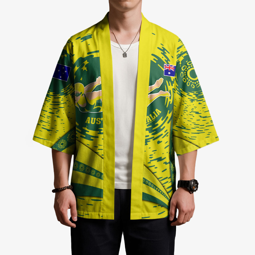 Personalized Australia Swimming Champion Kimono Freestyle Swimmer With Swirling Wave And Cultural Patterns
