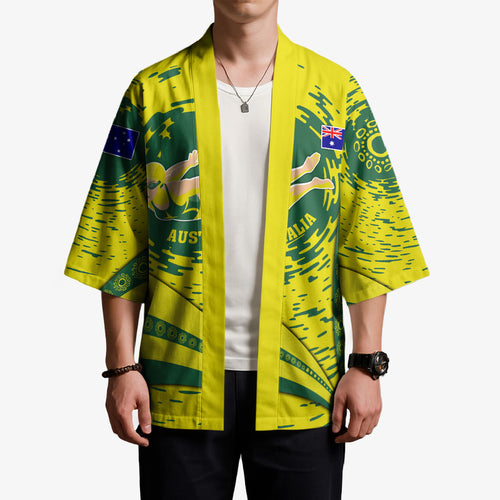 Personalized Australia Swimming Champion Kimono Freestyle Swimmer With Swirling Wave And Cultural Patterns