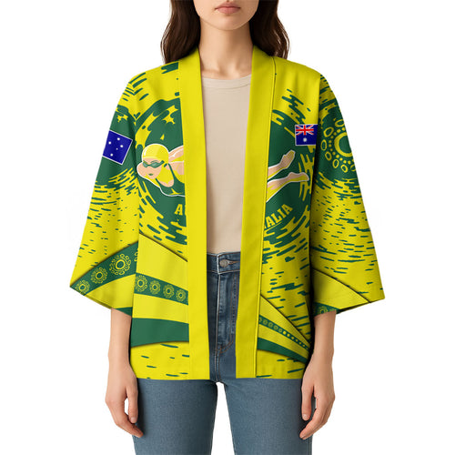 Personalized Australia Swimming Champion Kimono Freestyle Swimmer With Swirling Wave And Cultural Patterns