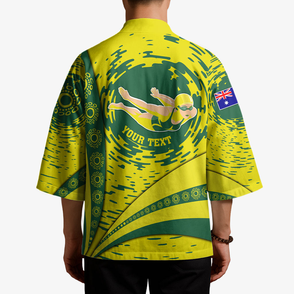 Personalized Australia Swimming Champion Kimono Freestyle Swimmer With Swirling Wave And Cultural Patterns