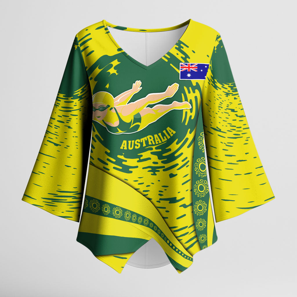Personalized Australia Swimming Champion Kimono Sleeve Blouse Freestyle Swimmer With Swirling Wave And Cultural Patterns