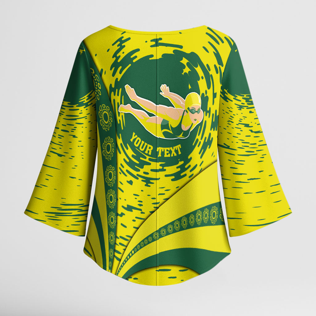 Personalized Australia Swimming Champion Kimono Sleeve Blouse Freestyle Swimmer With Swirling Wave And Cultural Patterns