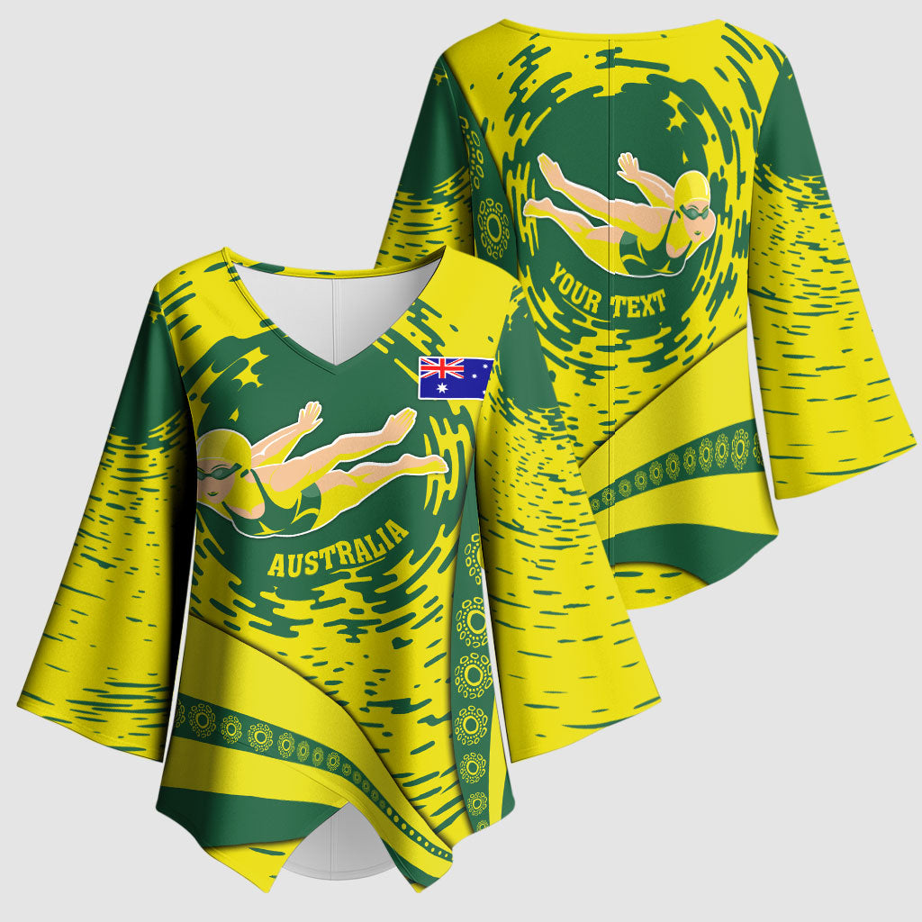 Personalized Australia Swimming Champion Kimono Sleeve Blouse Freestyle Swimmer With Swirling Wave And Cultural Patterns