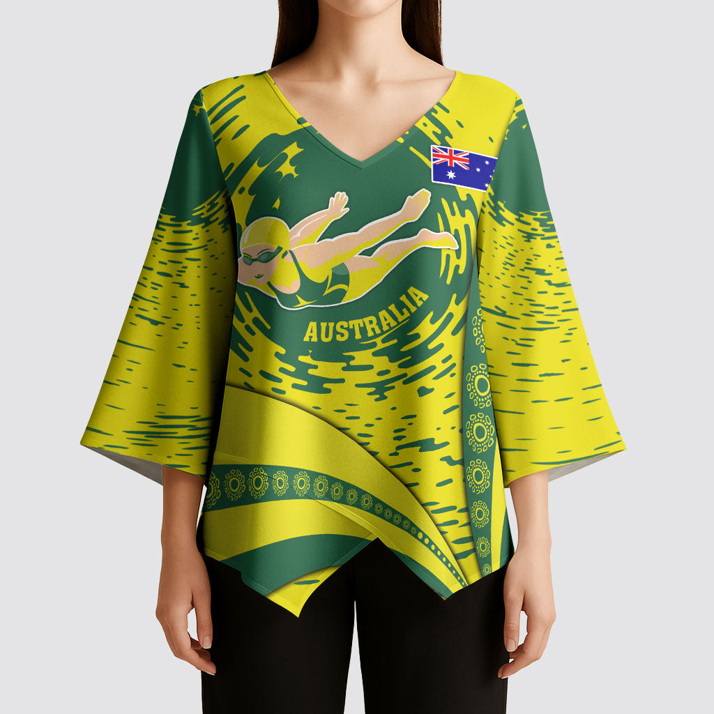 Personalized Australia Swimming Champion Kimono Sleeve Blouse Freestyle Swimmer With Swirling Wave And Cultural Patterns