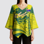 Personalized Australia Swimming Champion Kimono Sleeve Blouse Freestyle Swimmer With Swirling Wave And Cultural Patterns